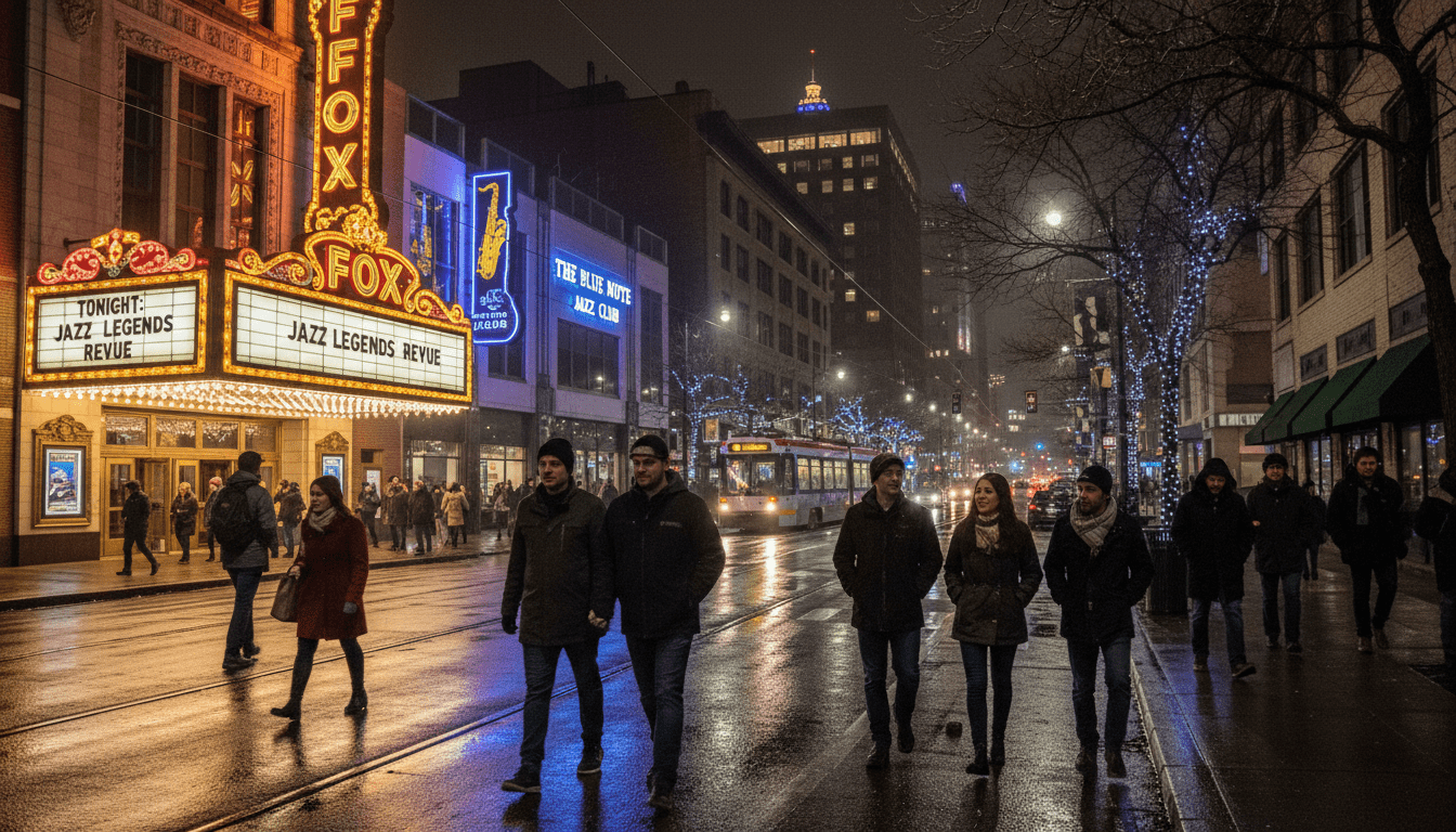 Crowds walking in downtown Detroit nightlife district near illuminated venues