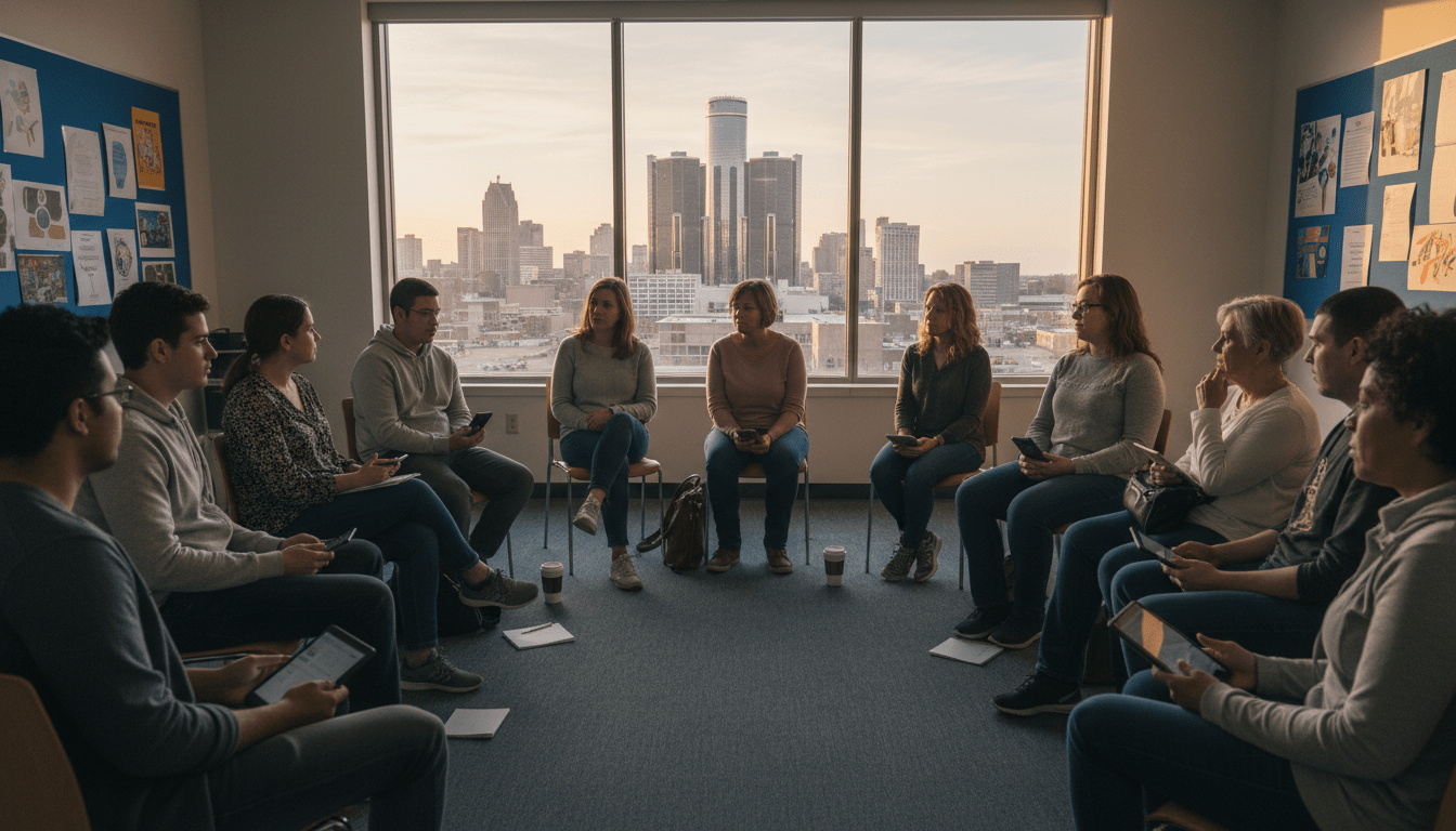 Detroit residents discussing digital empathy in a community workshop
