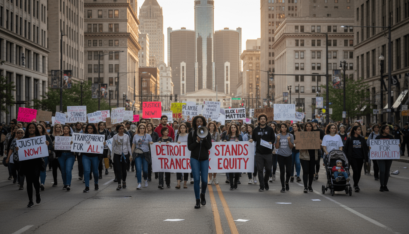 Crowd gathering for Detroit solidarity protests holding signs in front of city skyline