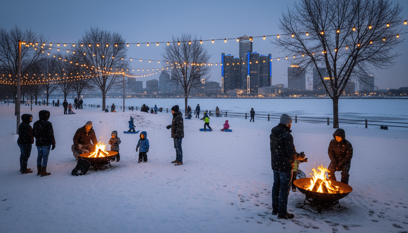 Families enjoying Detroit parks winter activities including ice skating and warming fires at Valade Park near the riverfront.