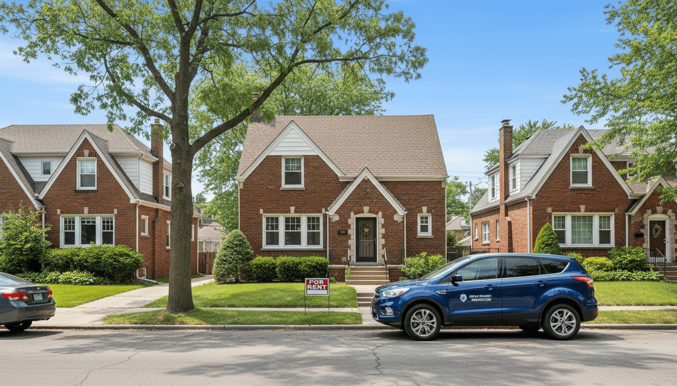 A brick rental home in Detroit featuring a Detroit property management sign and well-maintained landscaping.