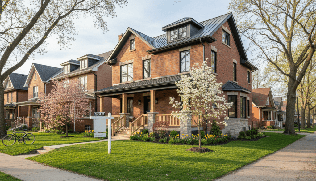 A happy couple standing in front of a brick home, representing a successful first-time home buyer Detroit scenario.