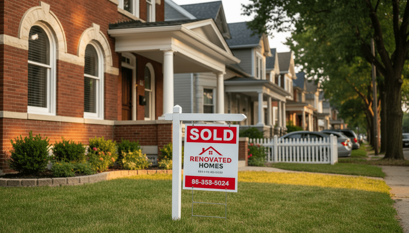 Detroit real estate agents sold sign in front of a renovated historic brick home