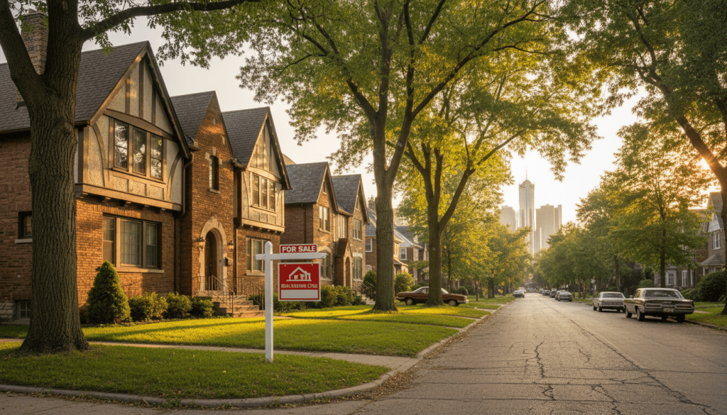 A row of brick homes representing the Detroit real estate market with a for sale sign