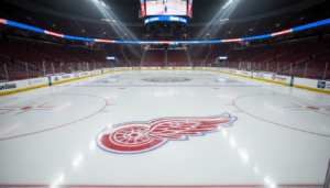 Detroit Red Wings schedule graphic displayed on the scoreboard at Little Caesars Arena