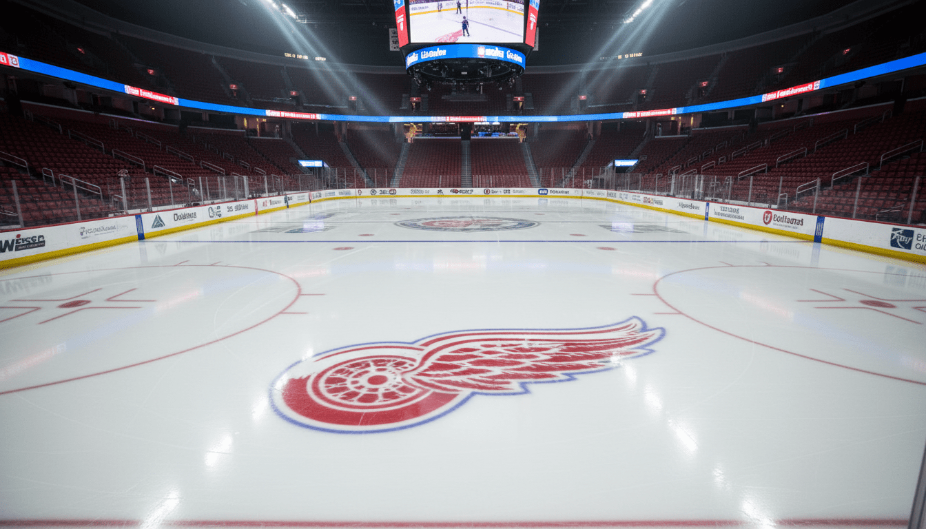 Detroit Red Wings schedule graphic displayed on the scoreboard at Little Caesars Arena