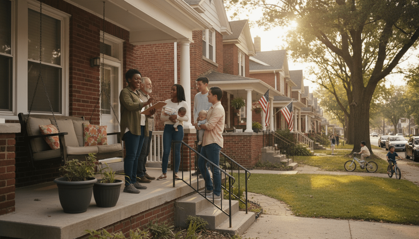 A community worker explaining Detroit rental assistance programs to residents on a front porch.