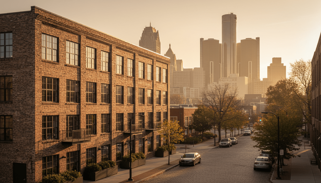 Exterior view of a modern building offering apartments for rent in Detroit near the downtown area