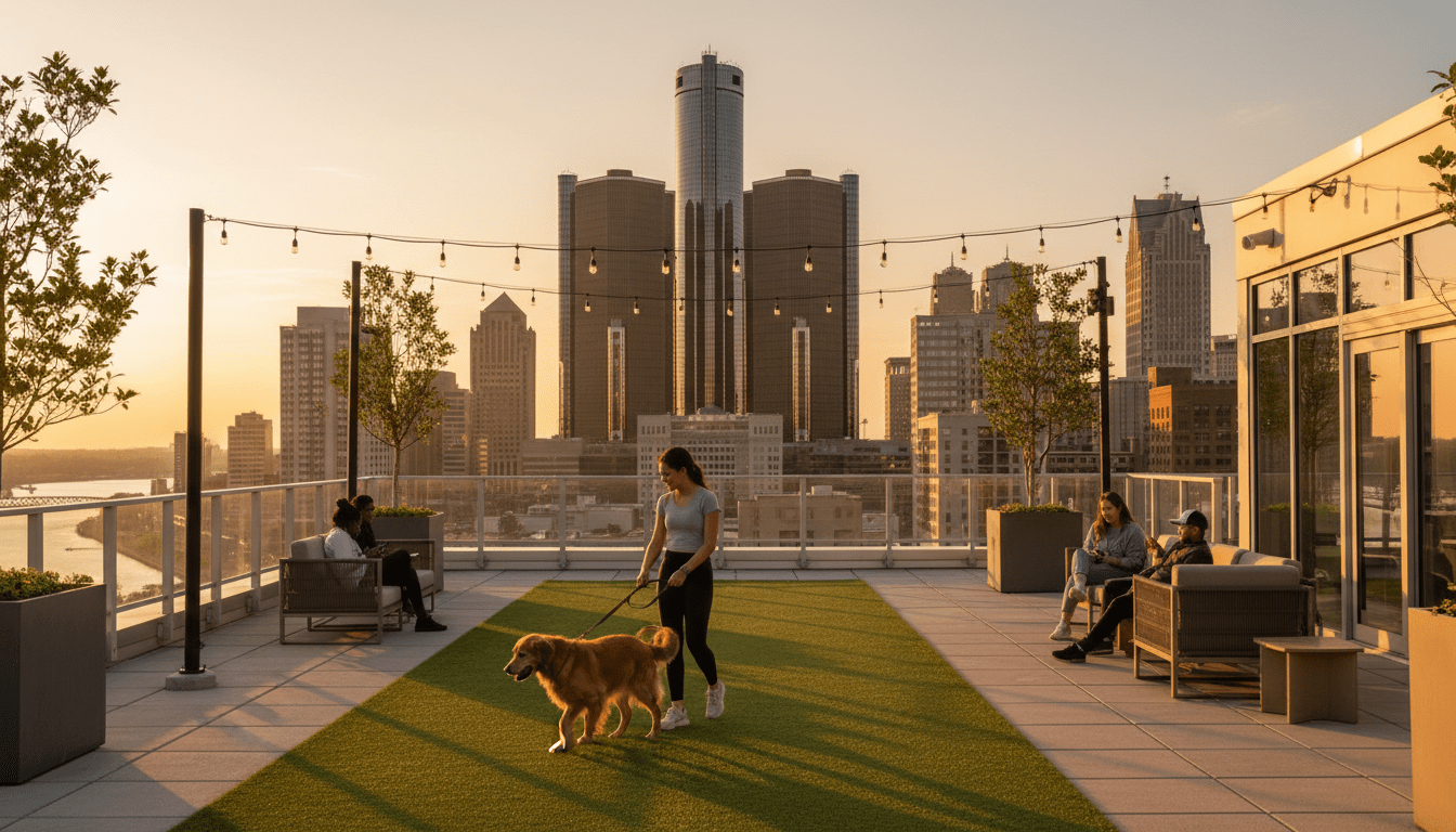 A resident walking a dog on a rooftop of one of the pet-friendly apartments Detroit offers with the city skyline in the background.