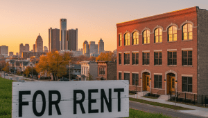 A for rent sign in front of a Detroit apartment building illustrating rising Detroit rental prices