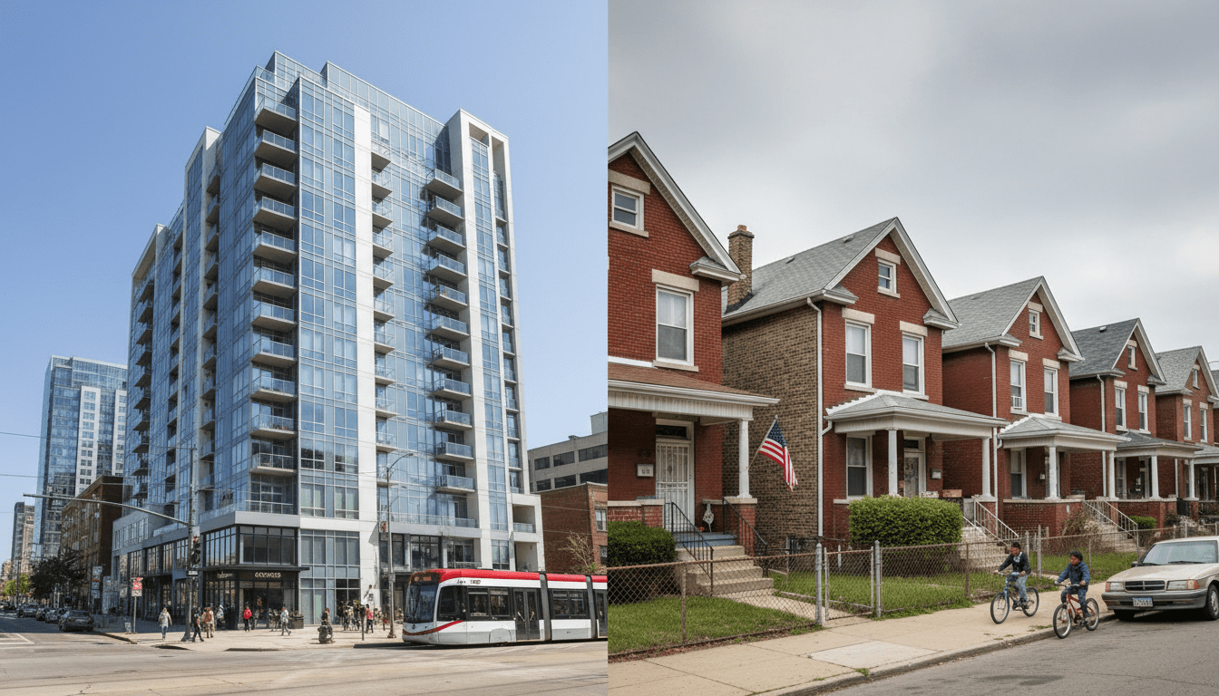 Split image showing modern downtown apartments and traditional neighborhood homes illustrating Detroit rental prices
