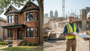 A renovated Detroit rental property with a for rent sign on the lawn