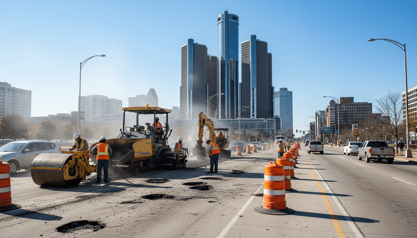 Construction crew working on improving Detroit road conditions near downtown