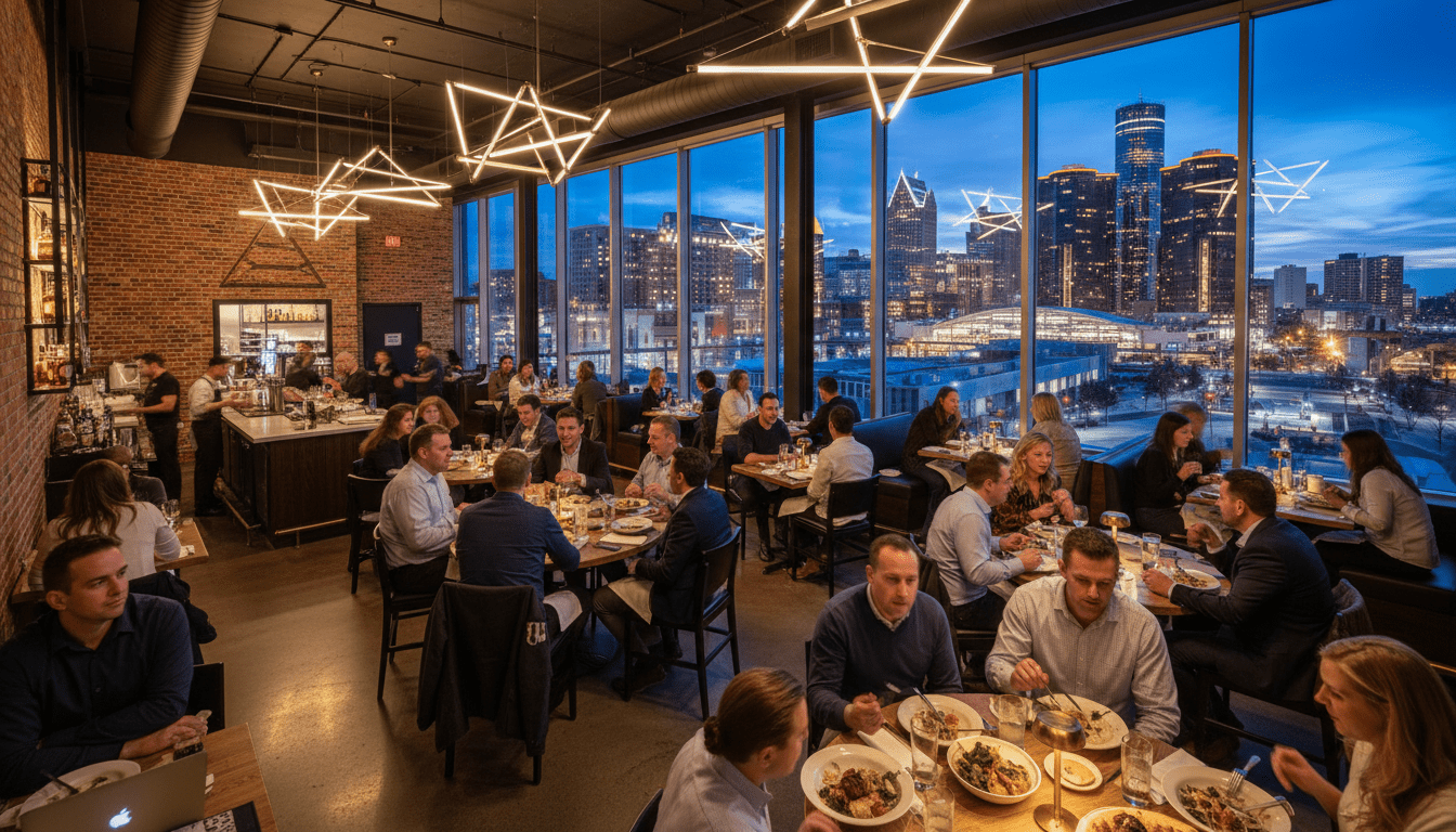 Interior view of one of the best restaurants in Detroit showing diners and the city skyline