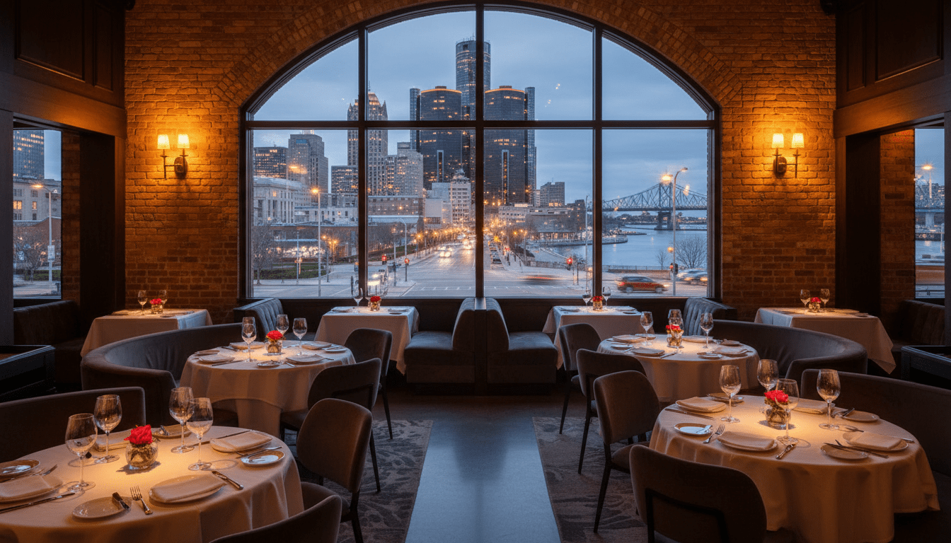 Interior view of one of the new romantic restaurants in Detroit featuring ambient lighting and city views