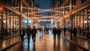Couples walking near restaurants during date night Detroit in a revitalized neighborhood
