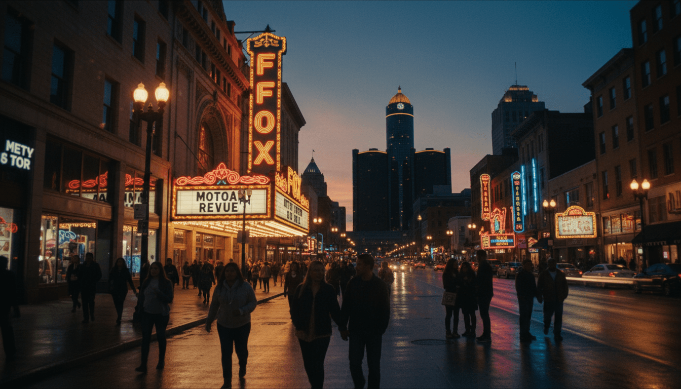 Crowds gathering outside the Fox Theatre for a Detroit live entertainment event at night