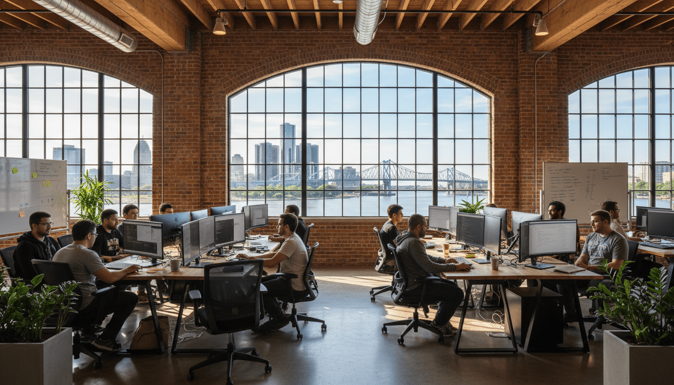 Detroit tech startups working in a renovated office space near Michigan Central Station in 2026