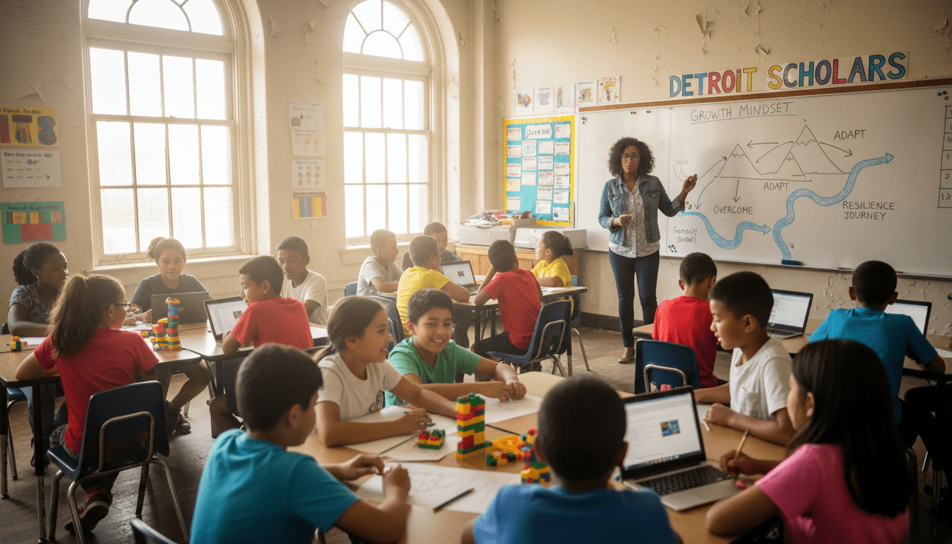 Teacher explaining growth mindset in Detroit classroom to diverse students