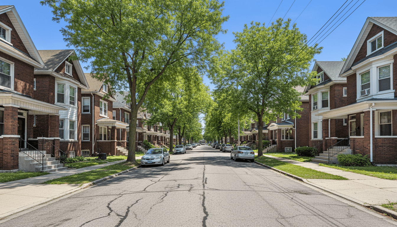 A row of brick residential homes representing Section 8 housing in Detroit neighborhoods