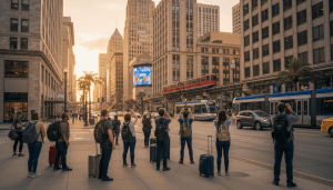 Tourists walking in downtown carrying luggage, illustrating the rise in Detroit travel planning interest.