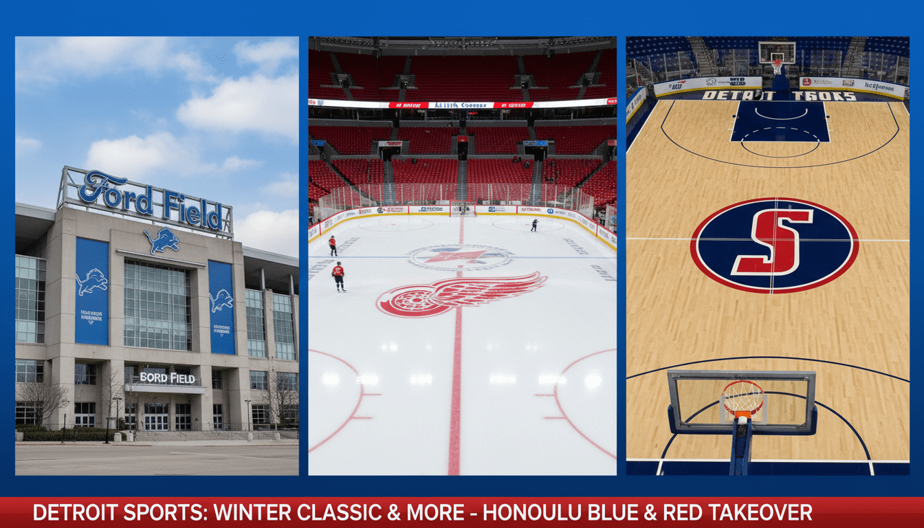 Detroit sports offseason update featuring logos of Lions Red Wings and Pistons