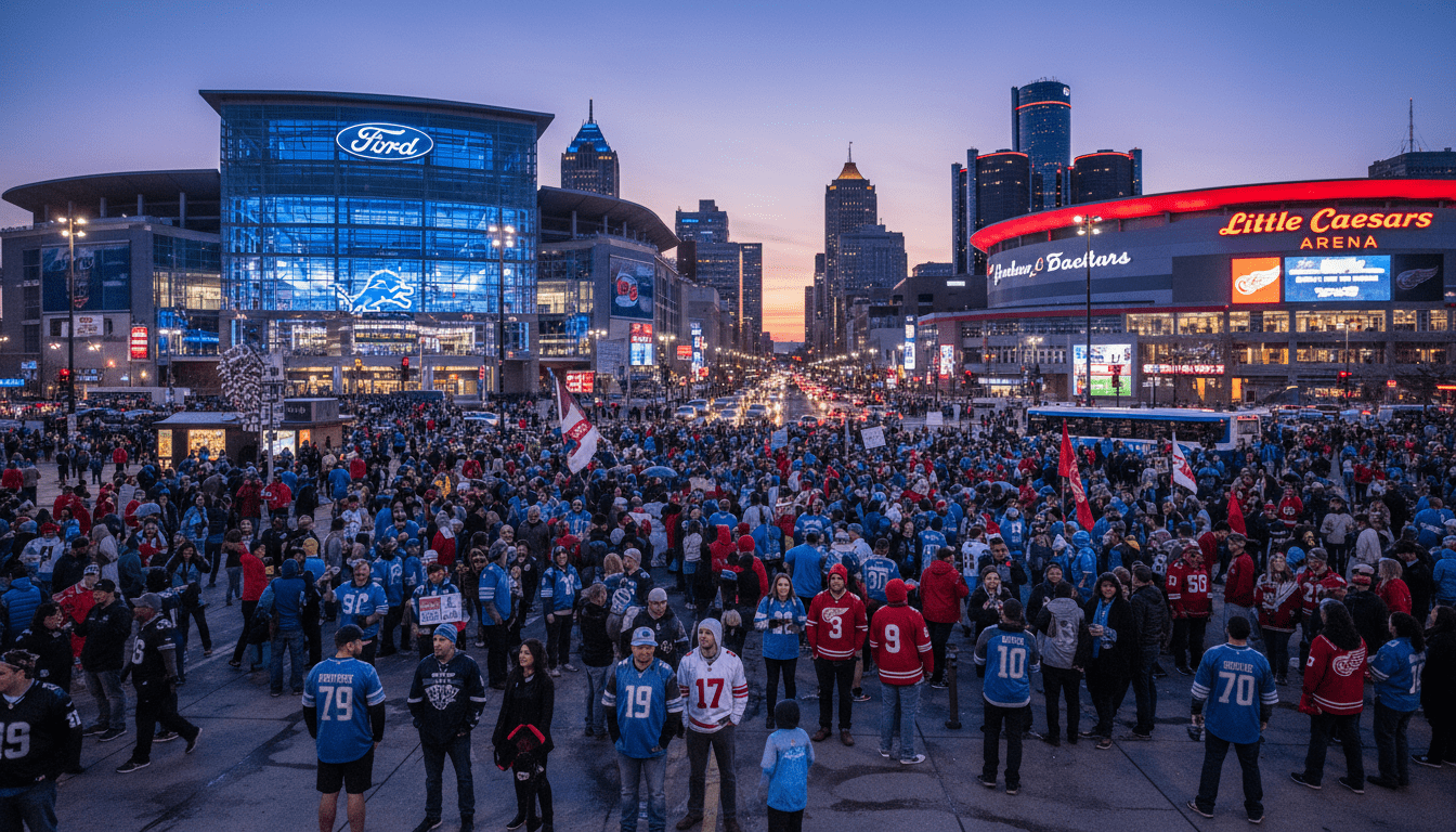 Crowds of fans outside Ford Field and Little Caesars Arena during busy Detroit sports schedules