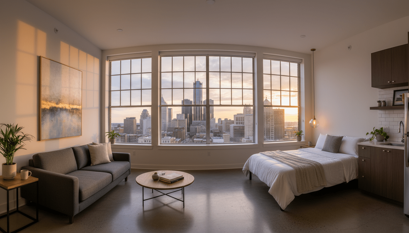 Interior view of modern Detroit studio apartments overlooking the downtown skyline