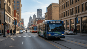 Detroit transportation bus and QLINE streetcar on Woodward Avenue