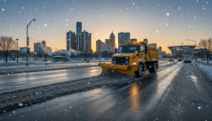 A city snow plow clearing a street to improve Detroit winter driving conditions near downtown.