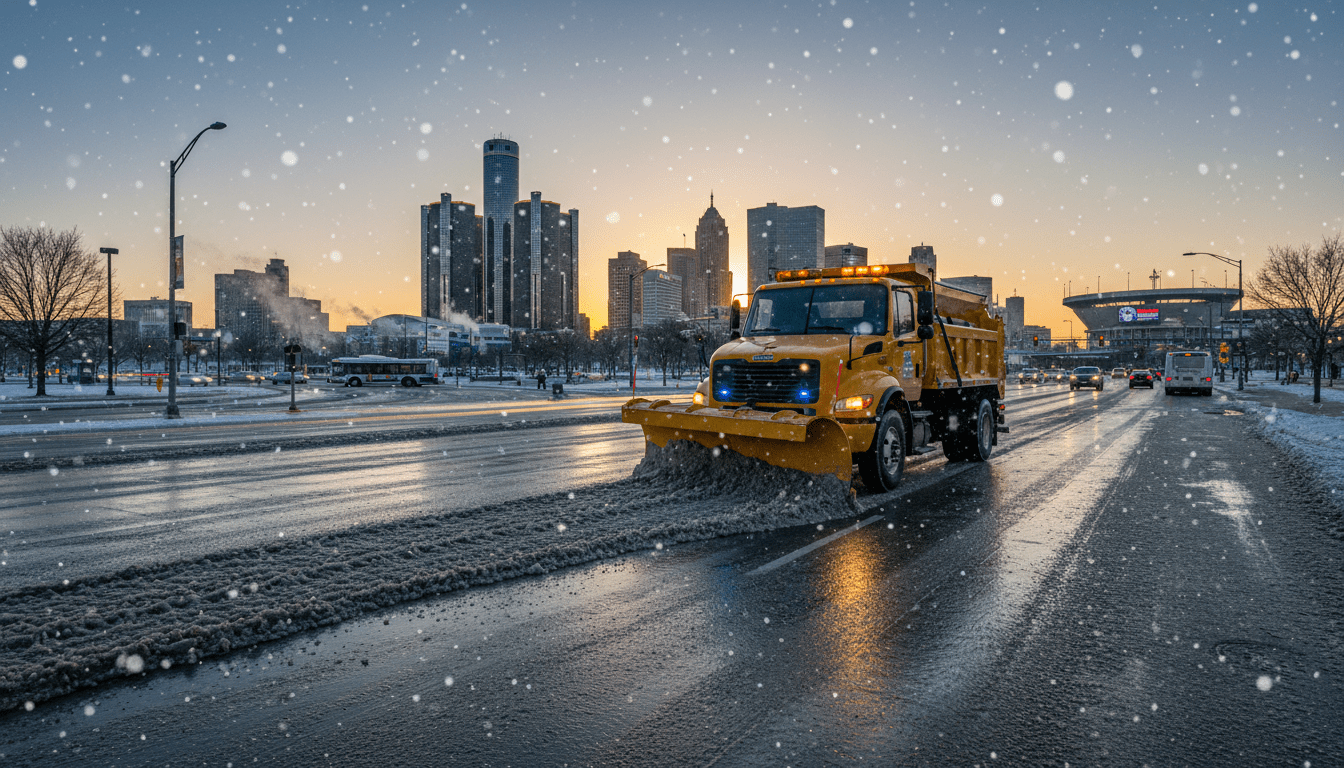 A city snow plow clearing a street to improve Detroit winter driving conditions near downtown.