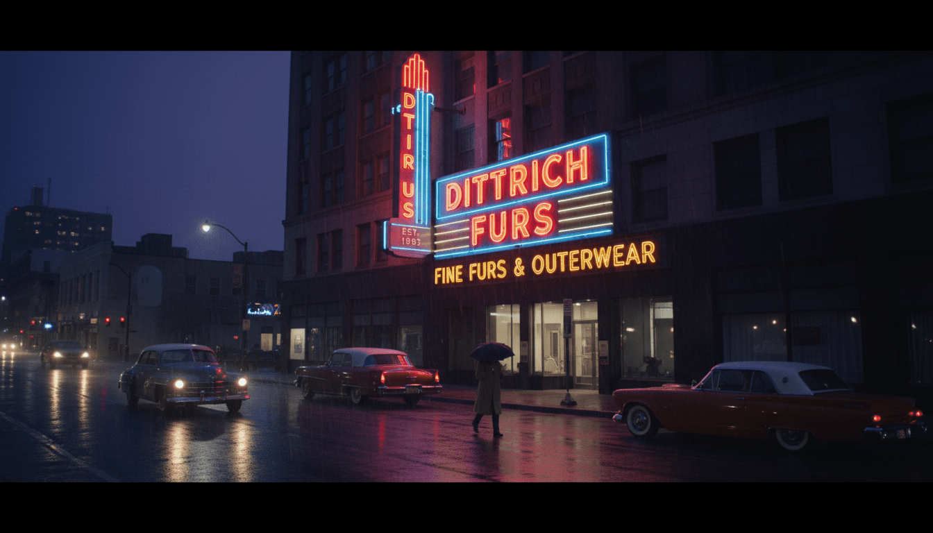 The exterior of the historic Dittrich Furs building in Detroit featuring the neon sign, marking the Dittrich Furs closing.