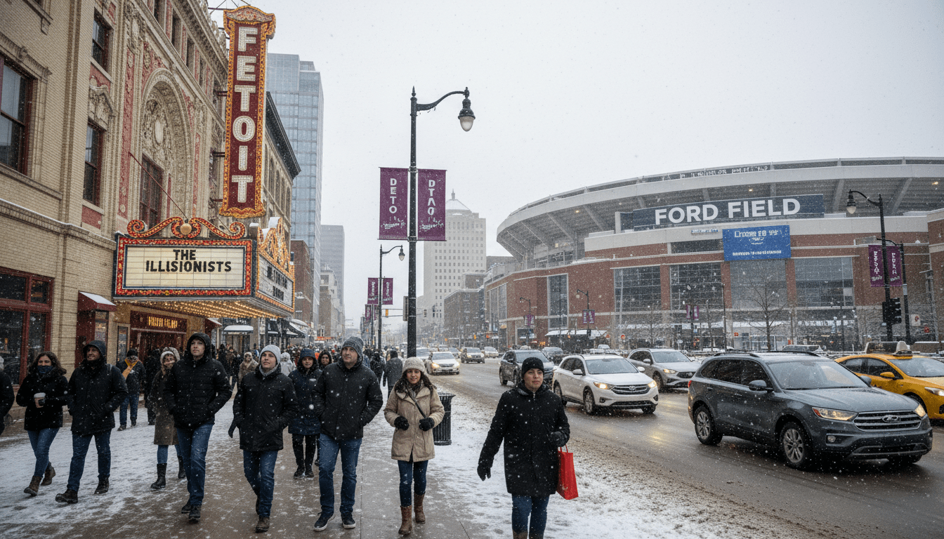 Crowds of downtown Detroit visitors walking near Ford Field during a busy event weekend