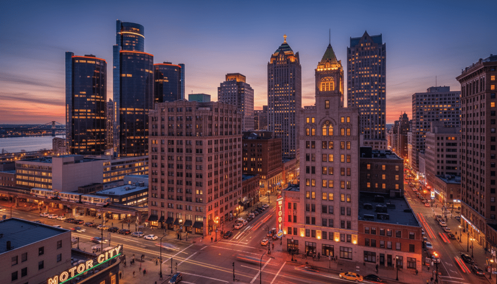 Modern and historic hotels in downtown Detroit skyline at twilight