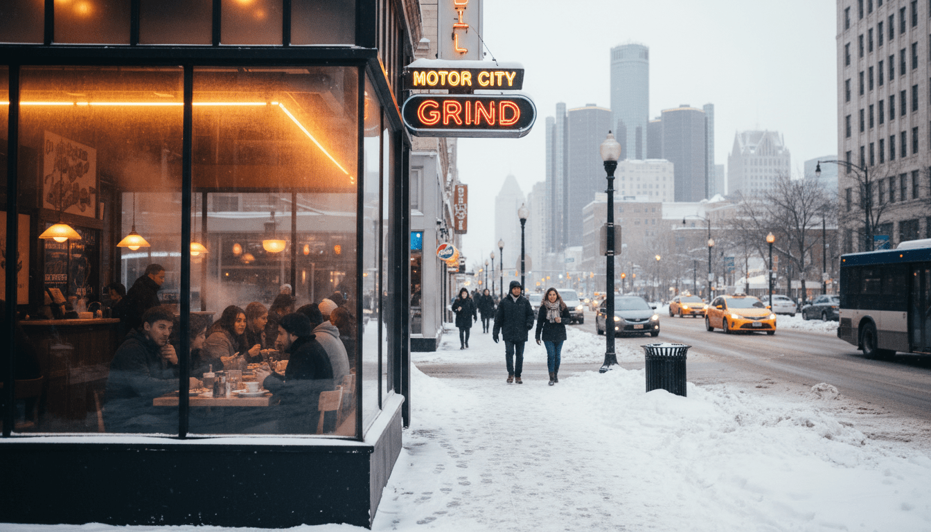People dining inside a restaurant for Downtown Detroit winter brunch with snow visible outside