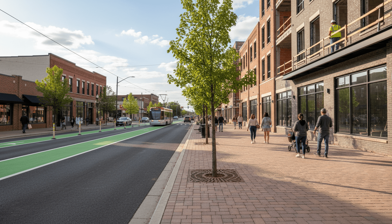 Completed streetscape improvements showing the East Warren revitalization project in Detroit.