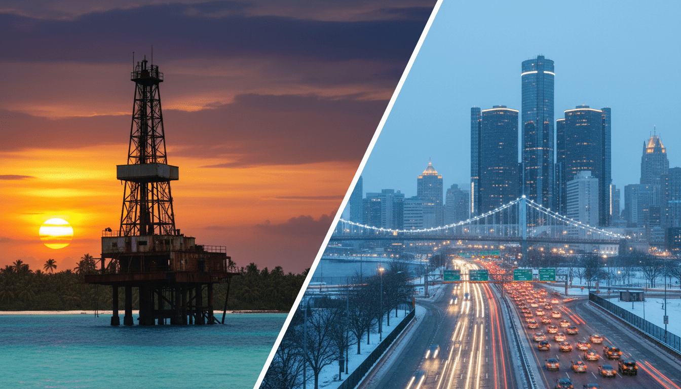 Split image showing Venezuelan oil rig and Detroit city skyline representing energy impact