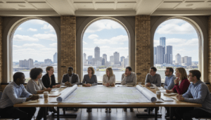Community members and developers utilizing conflict resolution strategies during a meeting in Detroit