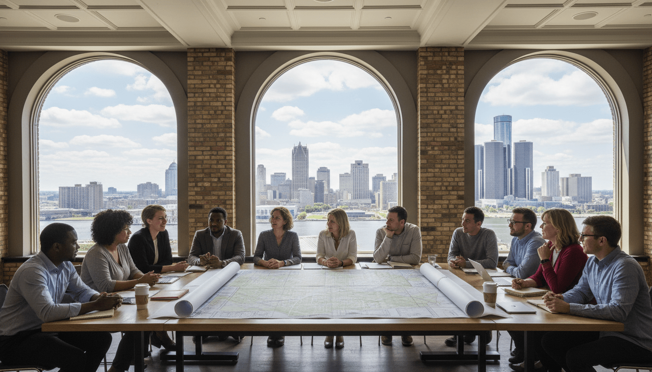 Community members and developers utilizing conflict resolution strategies during a meeting in Detroit