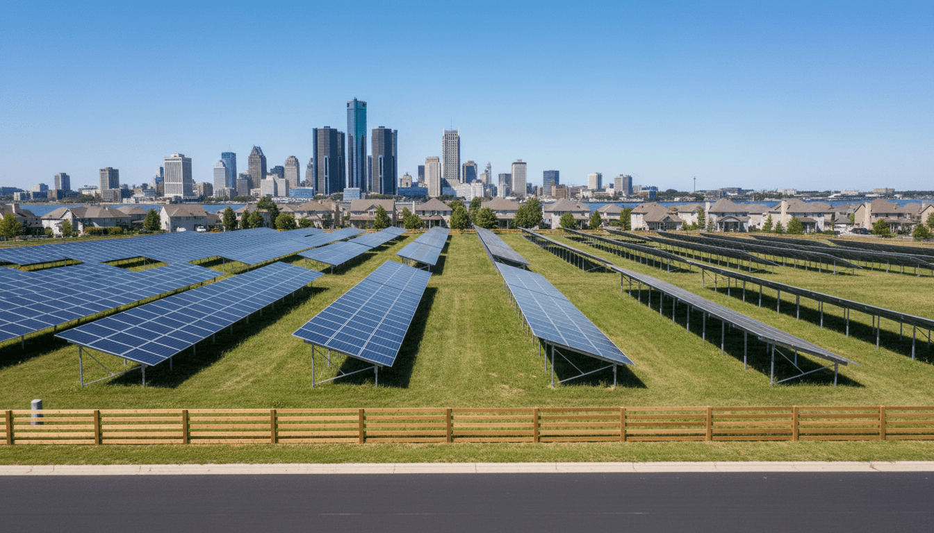 Rows of solar panels on vacant land illustrating Detroit clean energy initiatives.