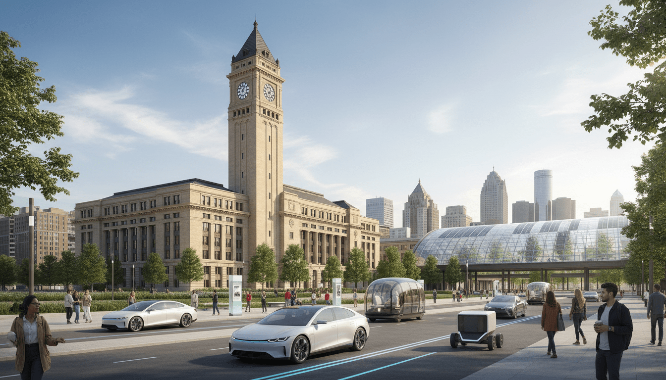 Detroit mobility industry innovation hub at Michigan Central Station with electric vehicles