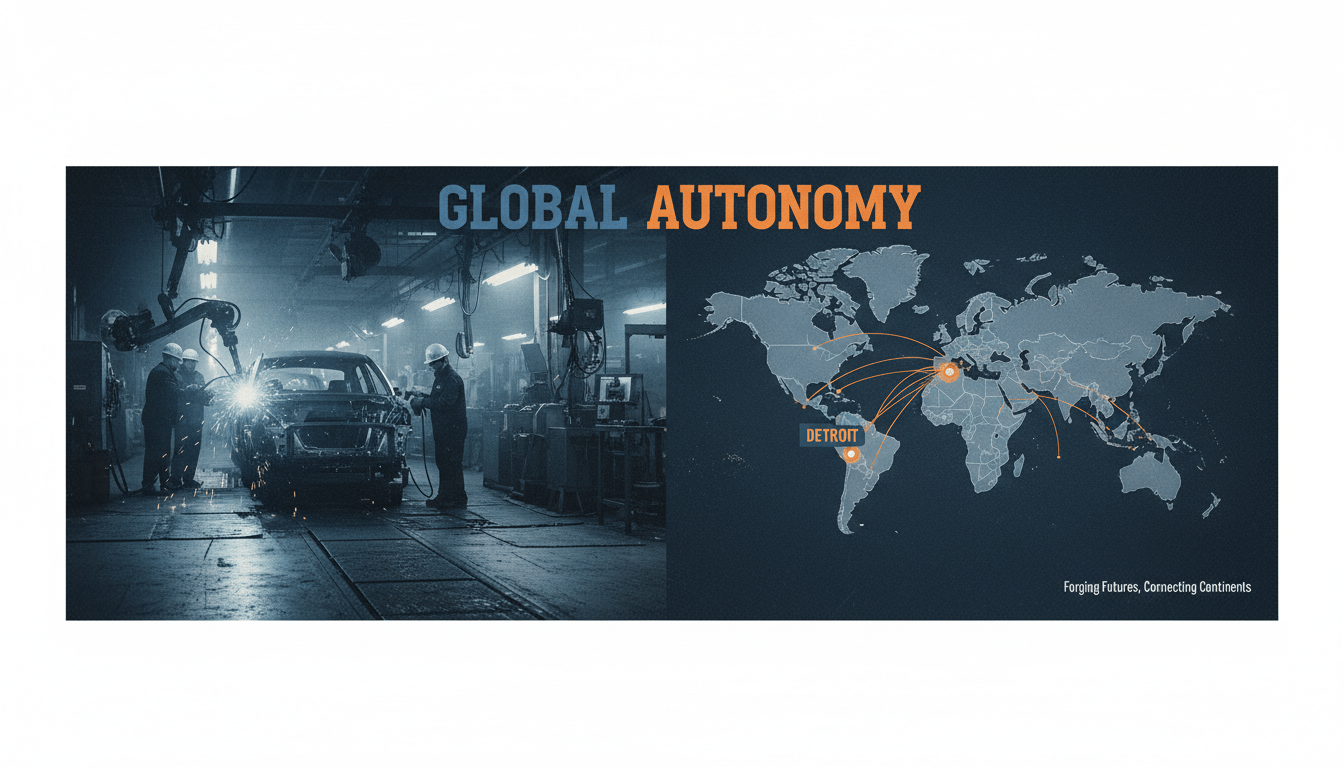 Detroit geopolitical impact illustration showing auto manufacturing and global map