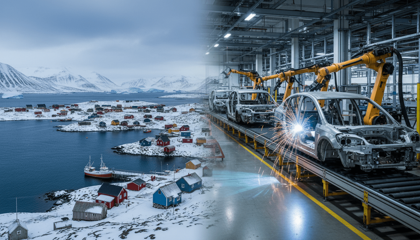 Illustration of Trump Greenland purchase concept contrasting Arctic landscape with Detroit auto manufacturing