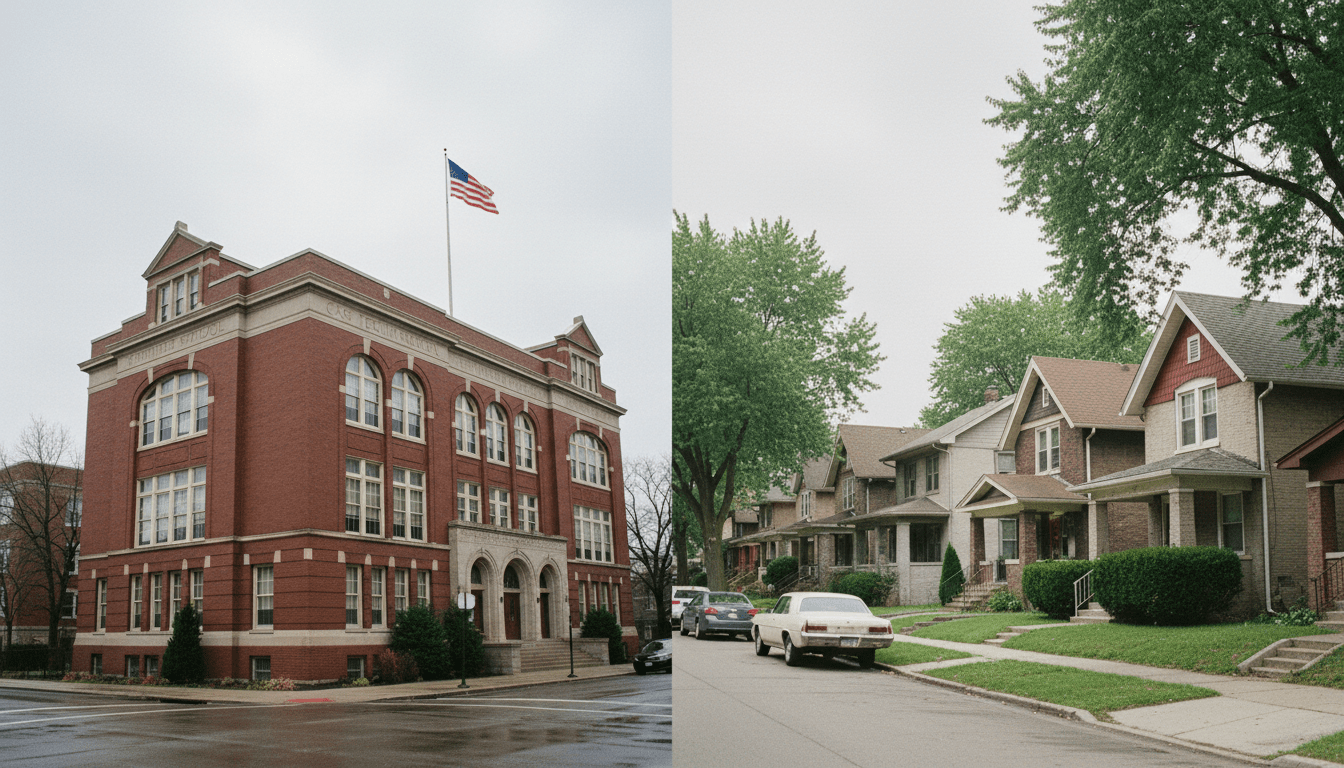 Detroit school districts housing landscape showing a school building and residential homes