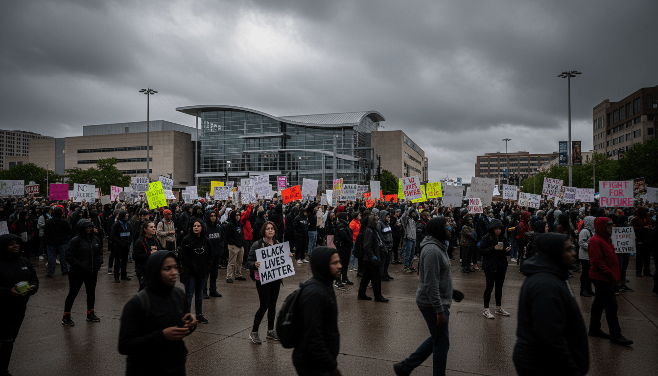 Crowd of protesters marching during the Trump visit to Detroit near Huntington Place