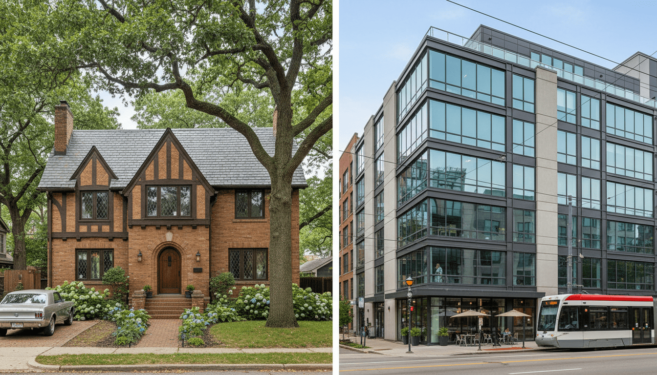 Split view comparison of a historic home and modern apartment illustrating renting vs. buying in Detroit