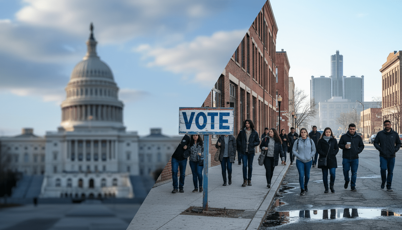 Detroit voters and factory backdrop representing the debate over US military aid to Israel