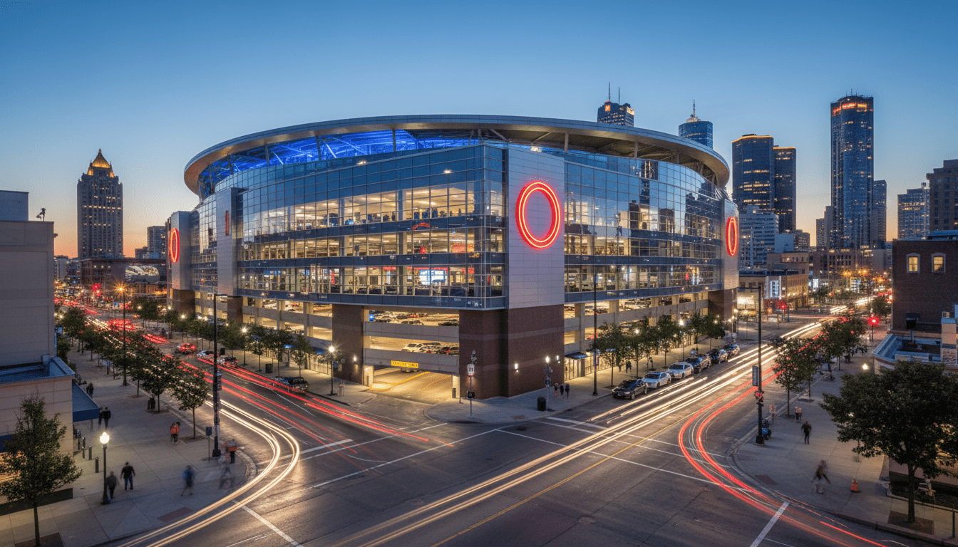 Cars entering a Little Caesars Arena parking garage during an event evening in Detroit.