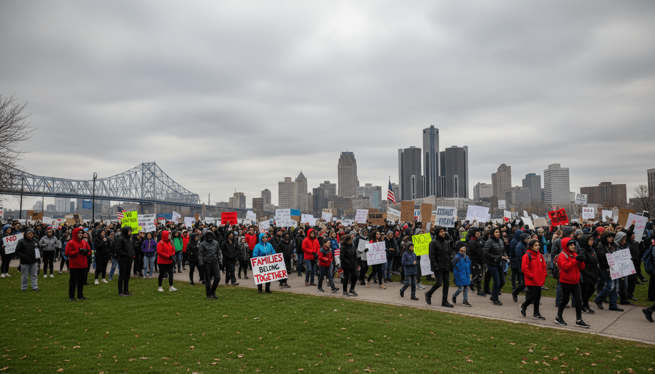 Protesters holding signs at an Anti-ICE rally in Detroit