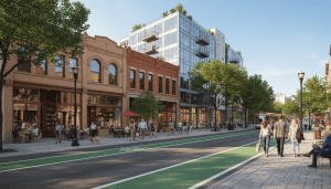 Construction on a mixed-use building illustrating new Detroit zoning laws in a walkable neighborhood.